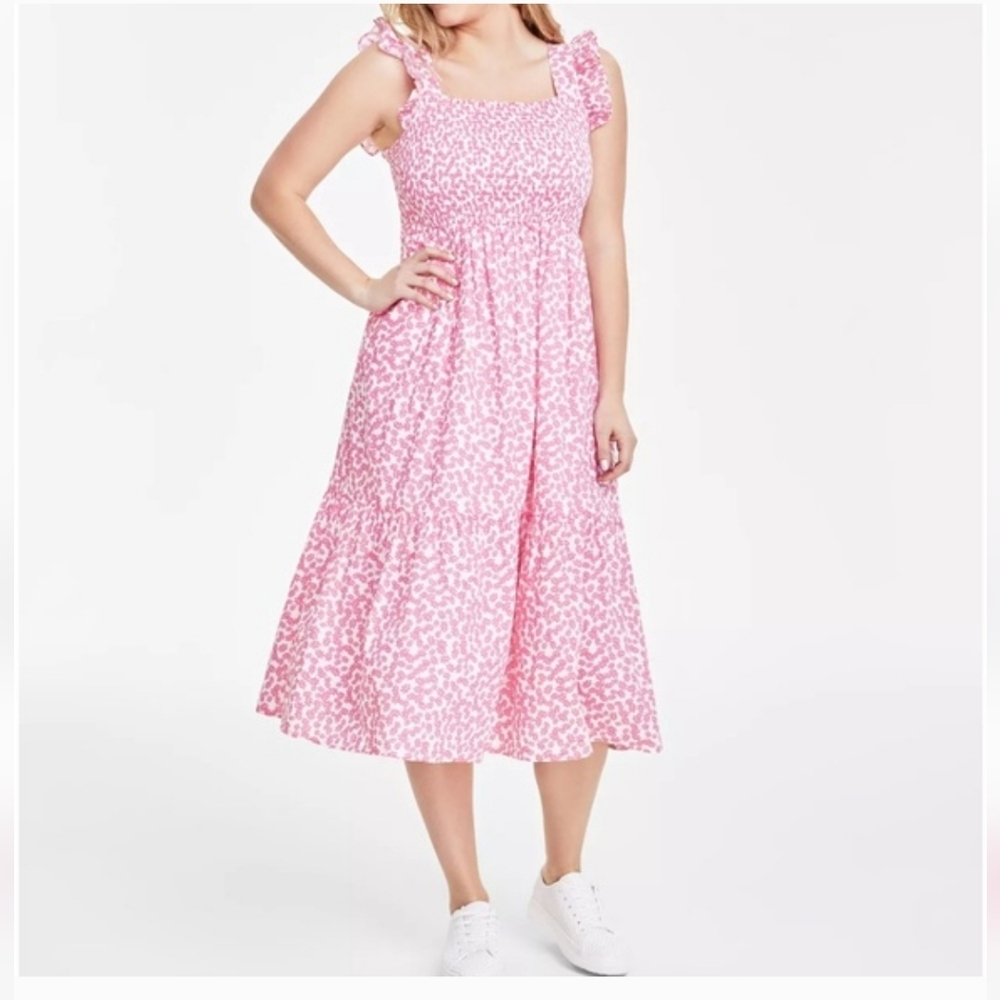 ON 34TH Cotton Smocked Midi Feminine Boho Cottage Dress Pink XL 232